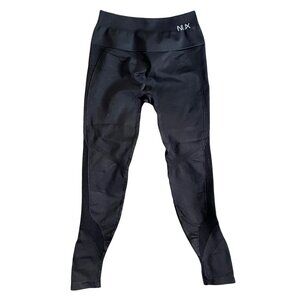 Nux Black Seamless Ribbed Mid Rise Mesh Leg Athletic Leggings Sz Small Black